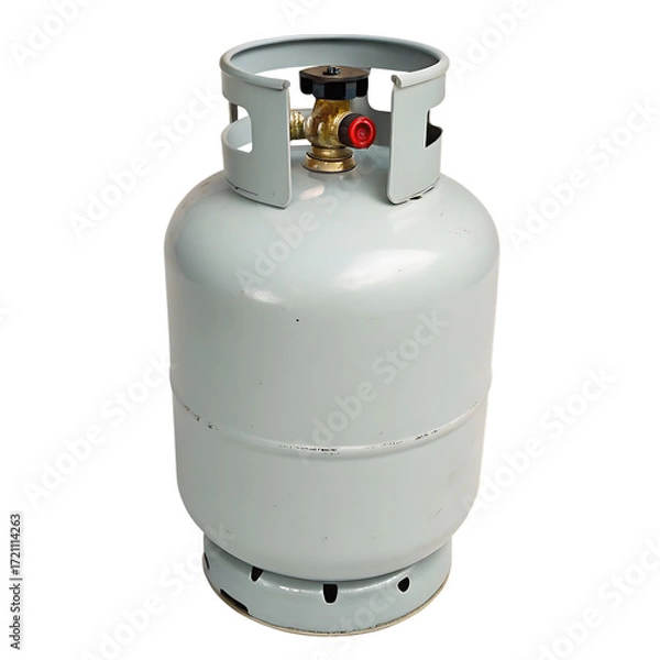 Fototapeta Light gray gas cylinder with brass valve isolated on a transparent background propane tank
