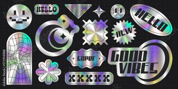 Obraz Holographic y2k vibe stickers set isolated on black background. Vector realistic illustration of iridescent round, square, flower shape patches with abstract icons, shiny silver foil tag, retro design