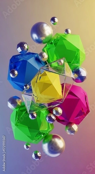 Obraz A vibrant display of colorful, geometric shapes and metallic spheres against a soft, gradient background.