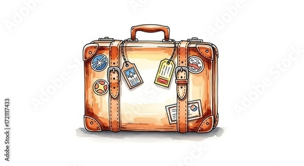 Fototapeta Hand-drawn illustration of a vintage suitcase, embellished with travel stickers and tags, displayed against a plain white background.