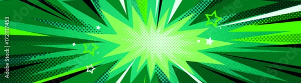 Obraz Green anime comic burst background with radial speed lines and halftone dots - dynamic explosion effect with stars for manga or superhero action scenes. Vibrant energy backdrop for pop art designs.