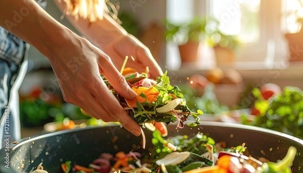 Obraz Woman Adding Fresh Vegetables to a Wok
