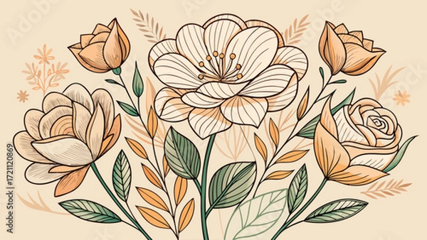 Fototapeta Line art flowers in minimalist style for design, elegant outlines, sophisticated botanical motifs, ideal for modern compositions, logos, wallpapers, or decorative projects that highlight natural 
