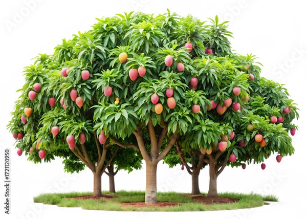 Fototapeta Ripe mangoes on lush green trees isolated on a transparent background mango tree