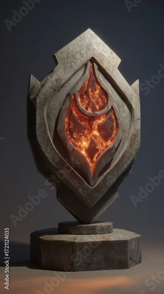 Fototapeta Ancient Stone Shield with Fiery Core Design for Fantasy Themed Art or Game Projects Featuring Vibrant Glowing Element