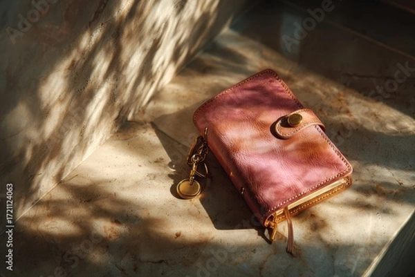 Fototapeta Elegant pink leather wallet with charm on marble surface illuminated by soft sunlight and gentle shadows