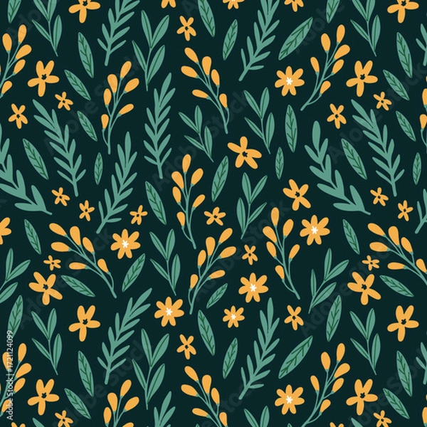Fototapeta Doodled botany plants seamless repeat pattern. Random placed, various vector flowers, leaves, herbs, berries and branches illustration all over surface print on white background.
