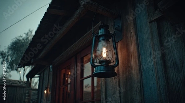 Fototapeta Vintage Lantern Illuminating Rustic Wood Cabin at Dusk with Warm Glow Enhancing the Nostalgic Atmosphere