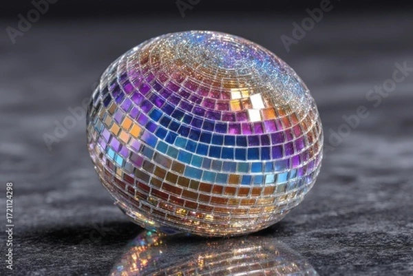 Fototapeta Shiny Disco Ball Egg with Colorful Reflections on Dark Background for Party Decoration and Event Inspiration
