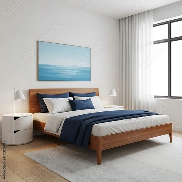 Obraz A modern bedroom furnished with light wood and a navy blue bed, featuring a calming abstract artwork and natural light.