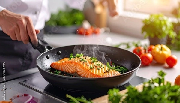 Obraz Chef Cooking Salmon Fillet in a Pan