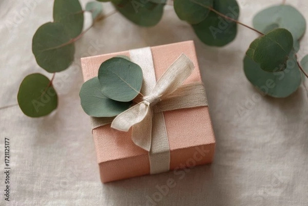 Fototapeta Gift box wrapped in soft fabric with ribbon and greenery on elegant linen background for a joyful celebration or special occasion