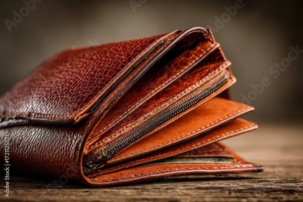 Fototapeta Close-Up of Open Vintage Leather Wallet with Zippered Compartments and Rich Texture on a Rustic Wooden Surface