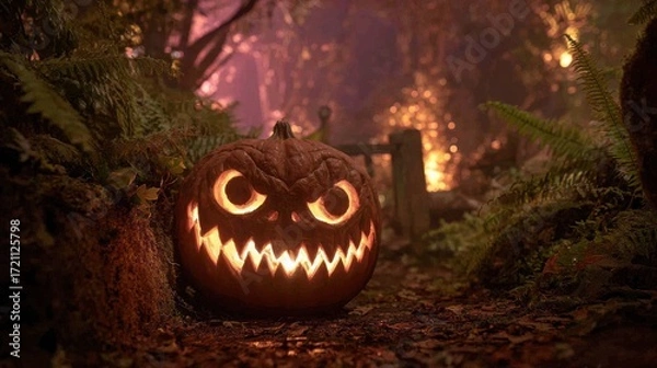 Fototapeta Spooky Halloween Pumpkin with Evil Face Surrounded by Dark Forest and Mysterious Atmosphere