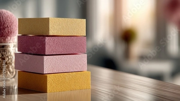 Fototapeta Colorful foam blocks stacked on a wooden table with a soft background and warm sunlight creating a cozy atmosphere