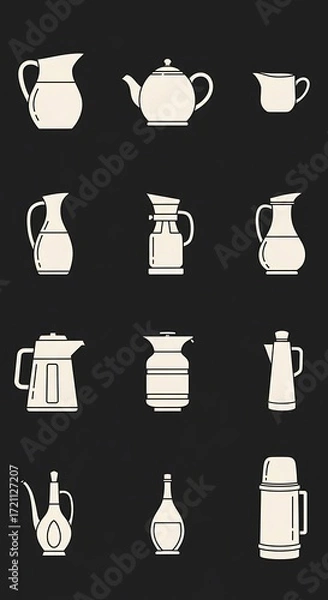 Obraz A collection of simple, outlined illustrations of various kitchen and tableware items against a dark background.