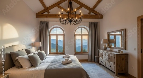Obraz A spacious bedroom boasts a breathtaking mountain vista through large arched windows, showcasing a serene and tranquil atmosphere.  Warm, neutral tones create a cozy and inviting ambiance.