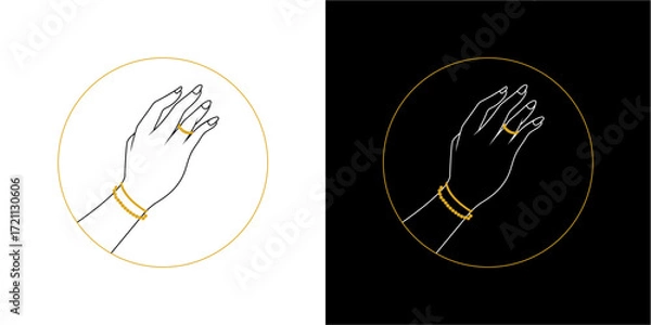 Fototapeta Minimalist illustrations featuring a hand adorned with jewelry inside circles.