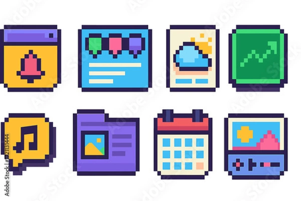 Fototapeta Pixel art icon set. digital media, entertainment flat icons collection.