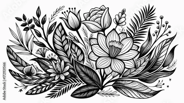 Fototapeta Hand drawn black and white botanical elements for decorative designs, organic flowing lines, stylish minimalist details, ideal for stationery, packaging, branding, or art prints celebrating timeless 