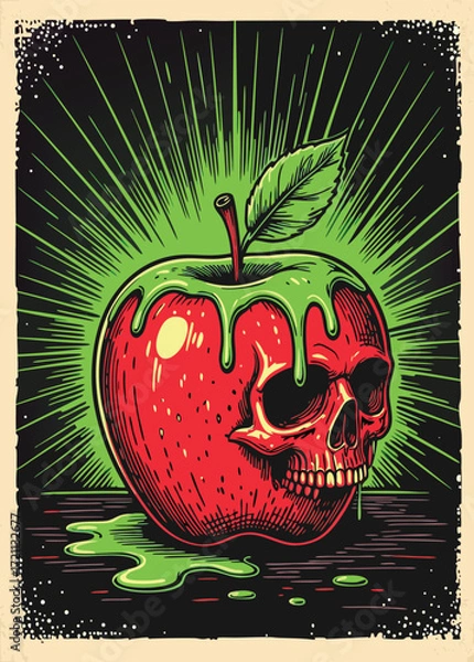 Fototapeta Skull and apple. Vector illustration in retro style on a dark background.