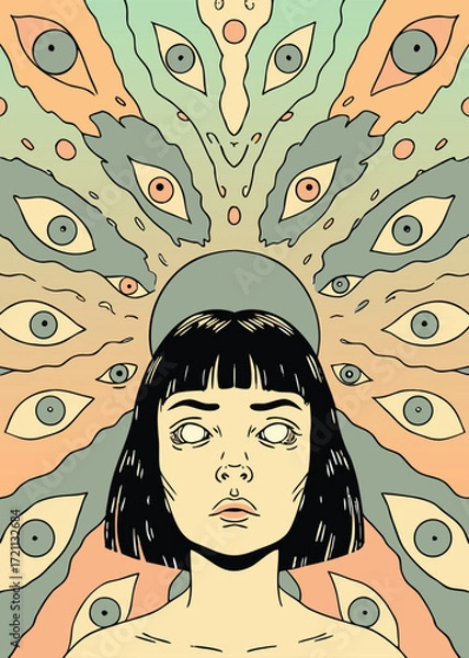 Fototapeta Vector illustration of a girl with strange pattern on her face. Psychedelic background.