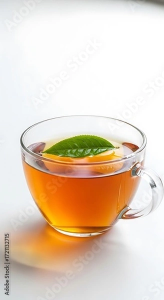 Obraz A transparent glass teacup filled with amber-hued tea, topped with a vibrant green leaf, sits on a plain white surface.