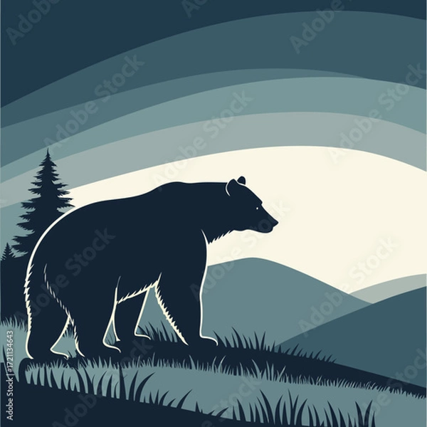 Fototapeta A majestic bear silhouette stands against a layered mountain landscape