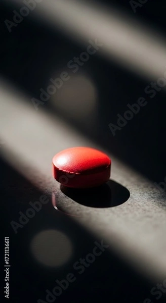 Obraz Close-up of a vibrant red pill, bathed in dramatic shadows and light, rests on a dark surface.