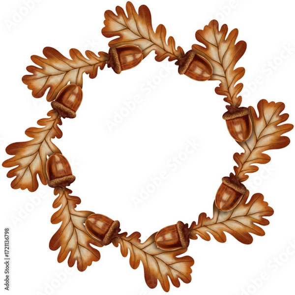 Obraz A wreath with watercolor oak leaves and acorns, hand-painted in warm brown tones. Autumn leaves. Autumn still life. Suitable for books, packaging, and cards.