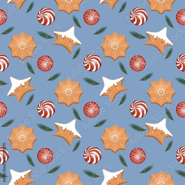 Obraz Seamless pattern of gingerbread cookies, lollipops and Christmas tree branches