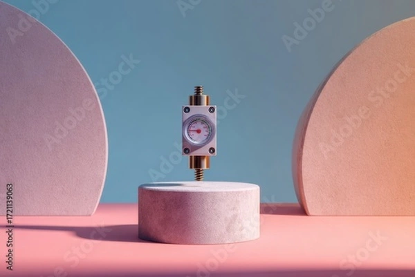 Fototapeta Stylish pressure gauge on a minimalistic pedestal surrounded by abstract shapes in a pastel color scheme