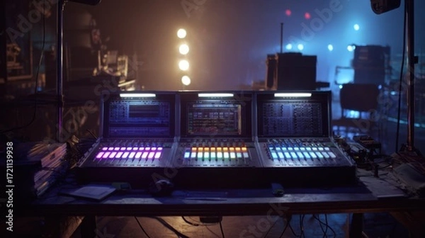 Fototapeta Control Room Setup with Colorful Lighting and Mixing Consoles at an Event Venue for Sound and Audio Production