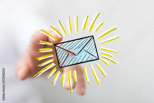 Fototapeta Bright, modern image of a hand interacting with a digital email icon.  Perfect for communication, technology, and marketing concepts.