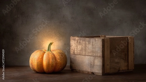 Fototapeta Rustic Pumpkin and Wooden Box on Table with Dramatic Lighting for Autumn and Harvest Themes