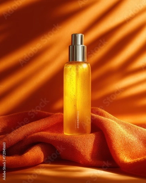 Fototapeta Bright Amber Liquid Infused with Bubbles in Elegant Spray Bottle on Vibrant Orange Background with Soft Textile