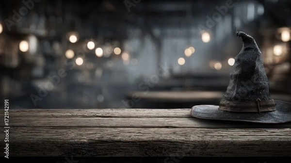 Fototapeta Magical hat resting on wooden table in dimly lit, mystical environment with blurred lights in the background