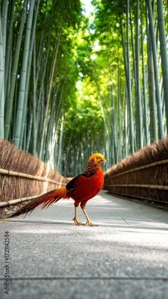 Fototapeta Colorful Bird Walking on Pathway Surrounded by Bamboo Trees