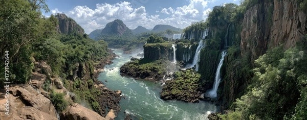 Fototapeta Panoramic view of Iguazu Falls, lush vegetation, and dramatic cliffs