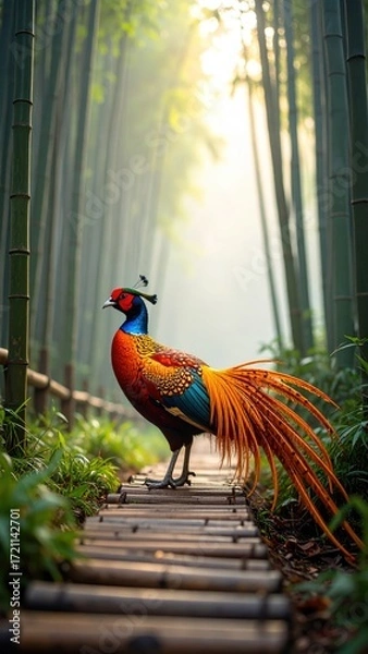 Fototapeta Colorful peacock standing on bamboo path amidst serene bamboo forest