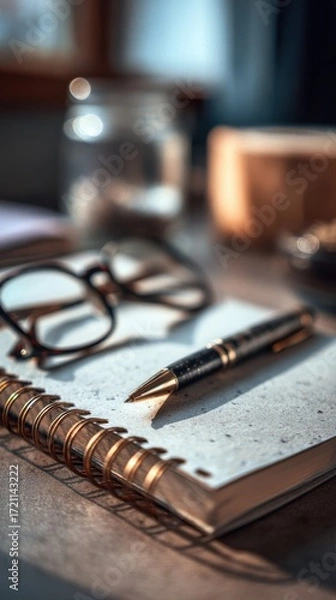 Fototapeta Cozy workspace featuring stylish pen, open notebook, and glasses resting on wooden desk in warm natural light setting
