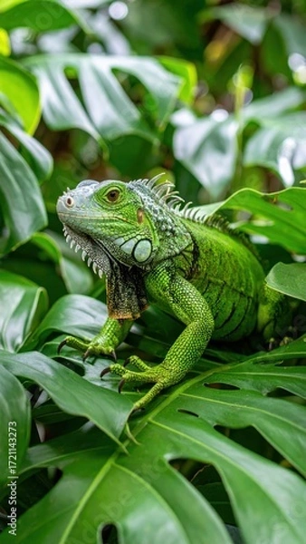 Fototapeta Colorful Iguana Resting on Lush Tropical Leaves in Dense Foliage