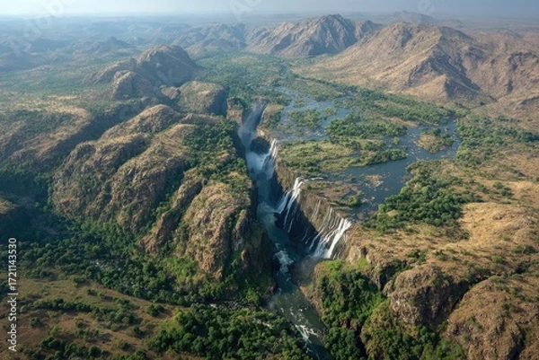 Fototapeta High-angle view of Victoria Falls, surrounded by rugged hills and lush vegetation