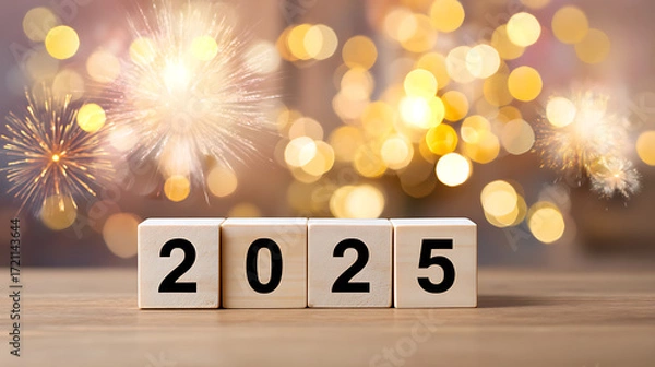 Fototapeta Happy New Year 2025. Numbers on wooden cubes with festive bokeh background. Celebration, holiday, and New Year concept.
