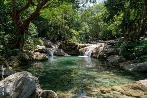 Fototapeta Tranquil waterfall pool nestled in lush green forest