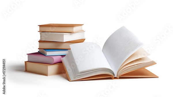 Fototapeta Stack of books isolated on white background. Education, learning, and study concept. 3D render illustration.
