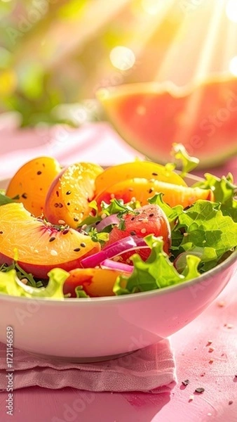 Fototapeta Fresh fruit salad in a bowl, vibrant colors, sunlight