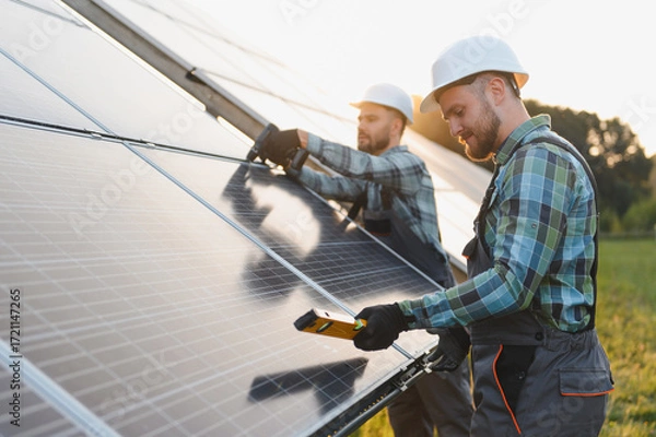 Fototapeta Engineers installing solar panels for clean energy production