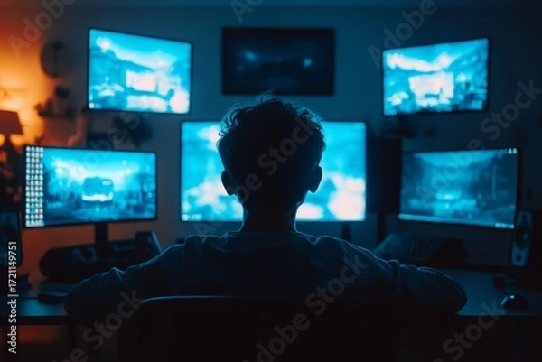 Fototapeta Silhouette of a Dedicated Worker Analyzing Data on Multiple Digital Screens in a Dark Workspace