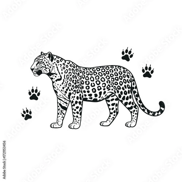 Obraz Majestic leopard standing amidst paw prints stylized wildlife art silhouette